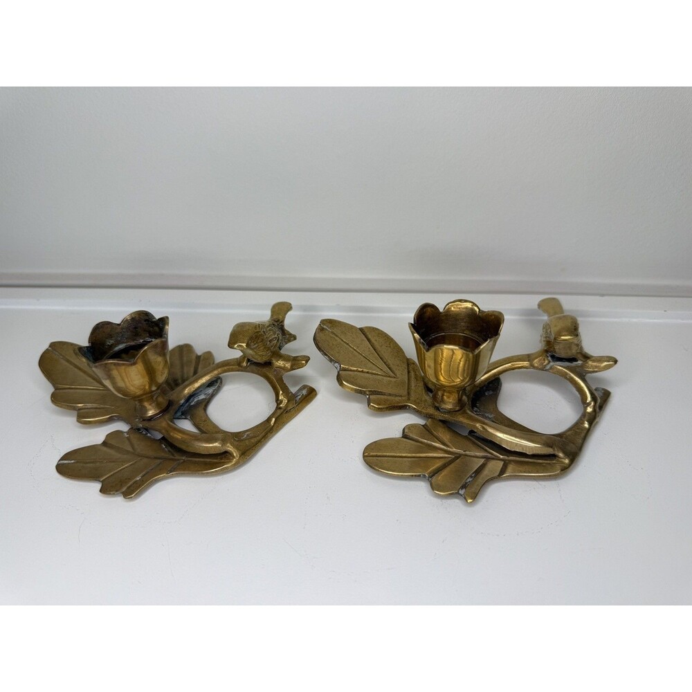Brass Bird And Leaf Candlestick Holder Set